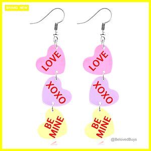 Acrylic Heart Dangle Earrings with Love Phrases Lever Back